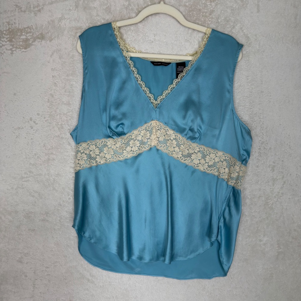 VTG New York & Company Women Blue 100% Silk Lace Trim V-Neck Tank Top XL NWT Y2K